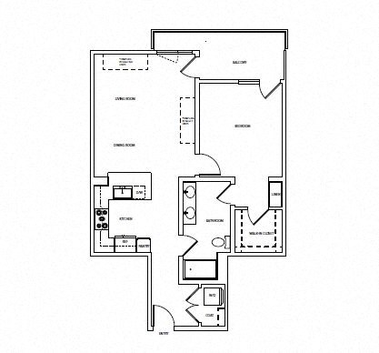 Floor plan for 1 bed, 1 bath, 890 sqft